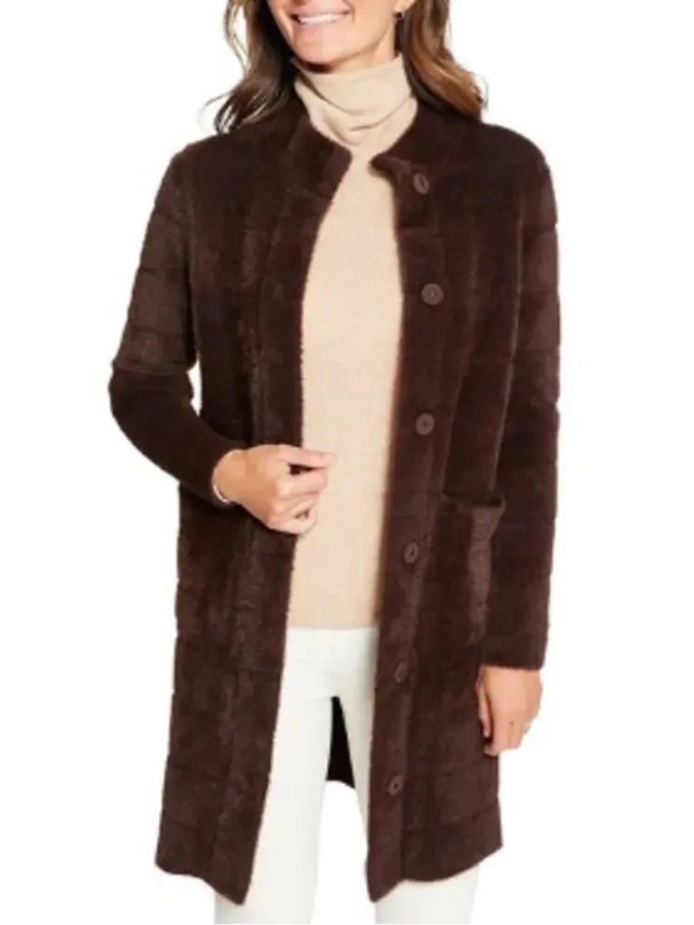 J. McLaughlin Tripp Sweater Coat Faux Fur Brown Size Small Snaps Pockets